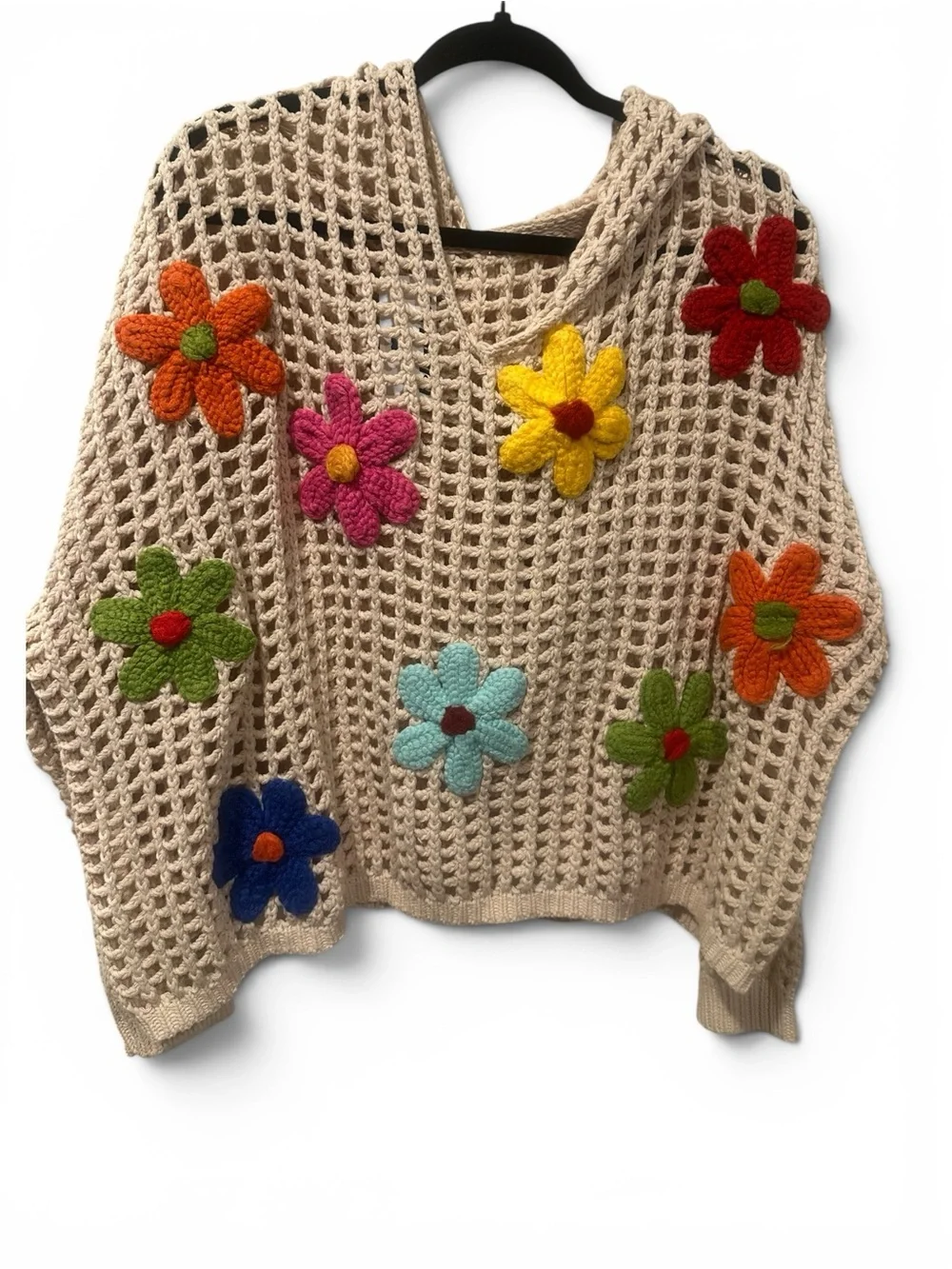 Boho Crochet Flower Open-Knit Sweater - Cream with Multi-Color Flowers-OS